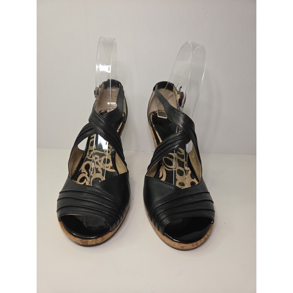 Kenneth Cole Reaction SwingDance black Leather PeepToe cork heel Buckle Sz 7.5 - Picture 2 of 7